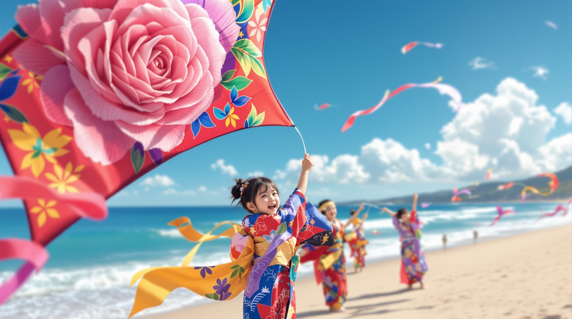 AI generated:  japanese children in traditional kimono on a beach flying 3d kite with   large rose flower design p...