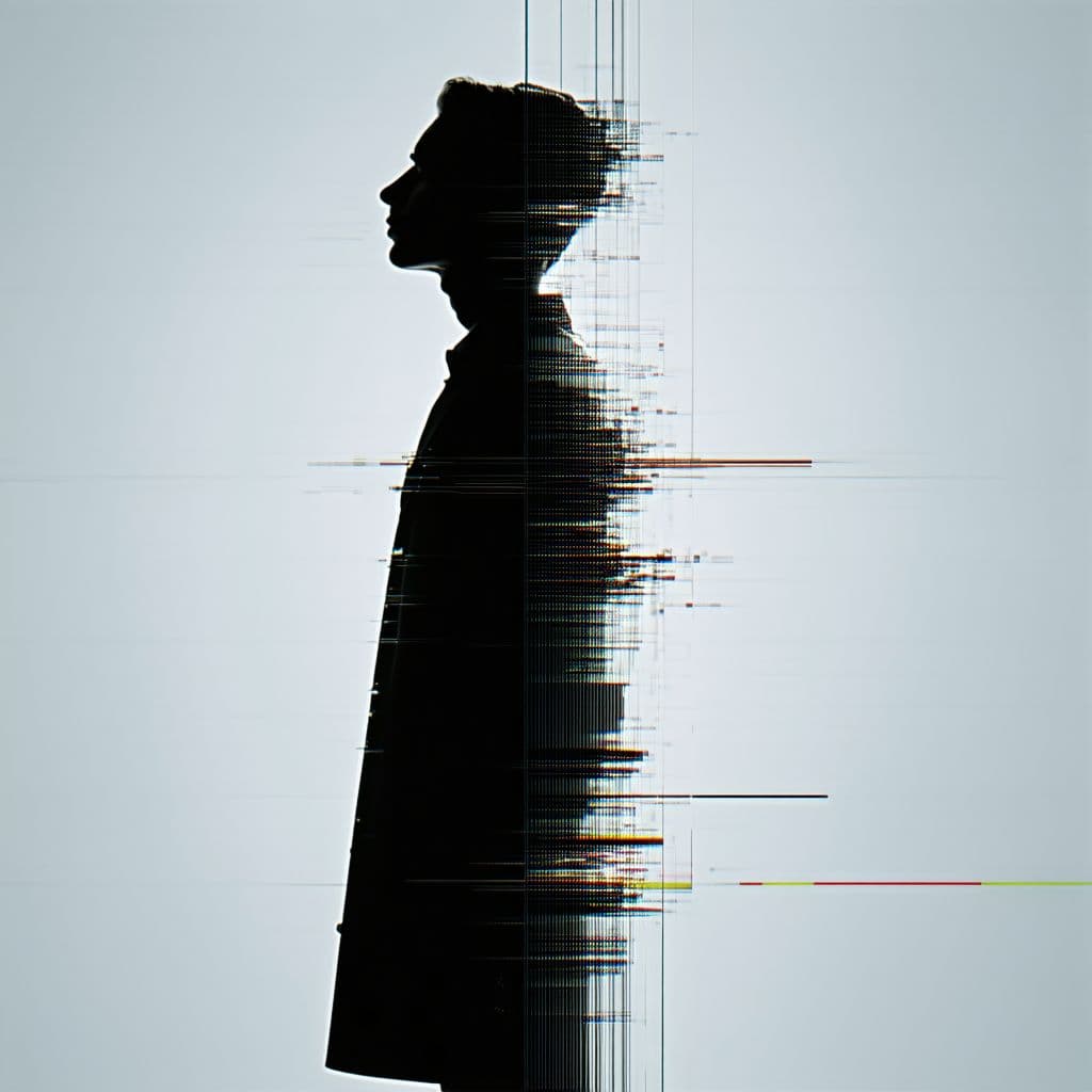 AI generated: glitch art with linear distortion, horizontal scan lines and digital interference, vertical portrait...