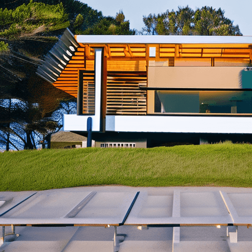 AI generated: Hyper realistic eye level exterior photo of a mid century modern style house overlooking the ocean, ...