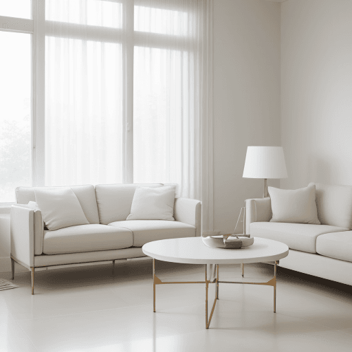 AI generated: Photograph, contemporary living room, soft light of morning, integration of beige flooring and matte...