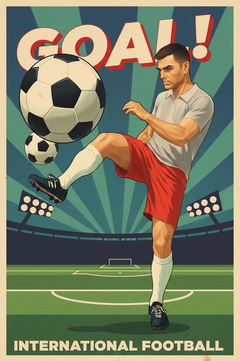 AI generated: Poster style, retro sports illustration. A soccer player in red shorts, gray jersey, and white socks...