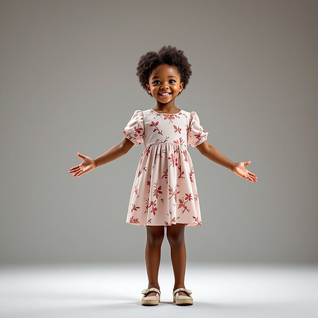 AI generated: A realistic 4D full-length photograph of an 5 year old kindergarten American Black girl, brown skin,...