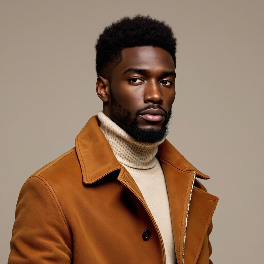 AI generated: High-res photo of a stylish 25-year-old Black man, rich dark skin, short textured afro, goatee, wear...