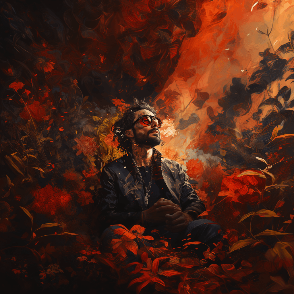 AI generated: Create a thought-provoking and surreal illustration of a man holding a joint, but instead of convent...