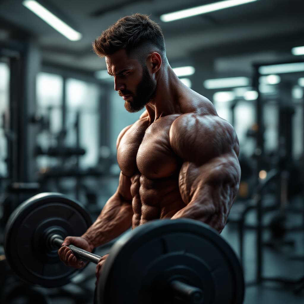 AI generated: An athlete bodybuilder lifting weights in a modern gym, dynamic lighting, hyper-realistic, 4K resolu...