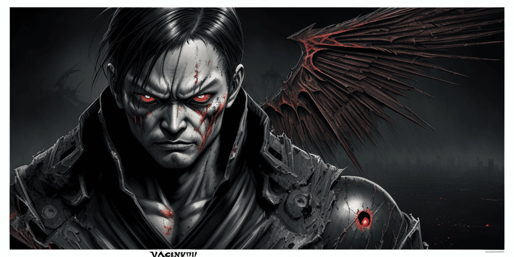 AI generated: Overlay Japanese type comic. A 16k LANDSCAPE poster of a random evil vanquished superhero, demon win...