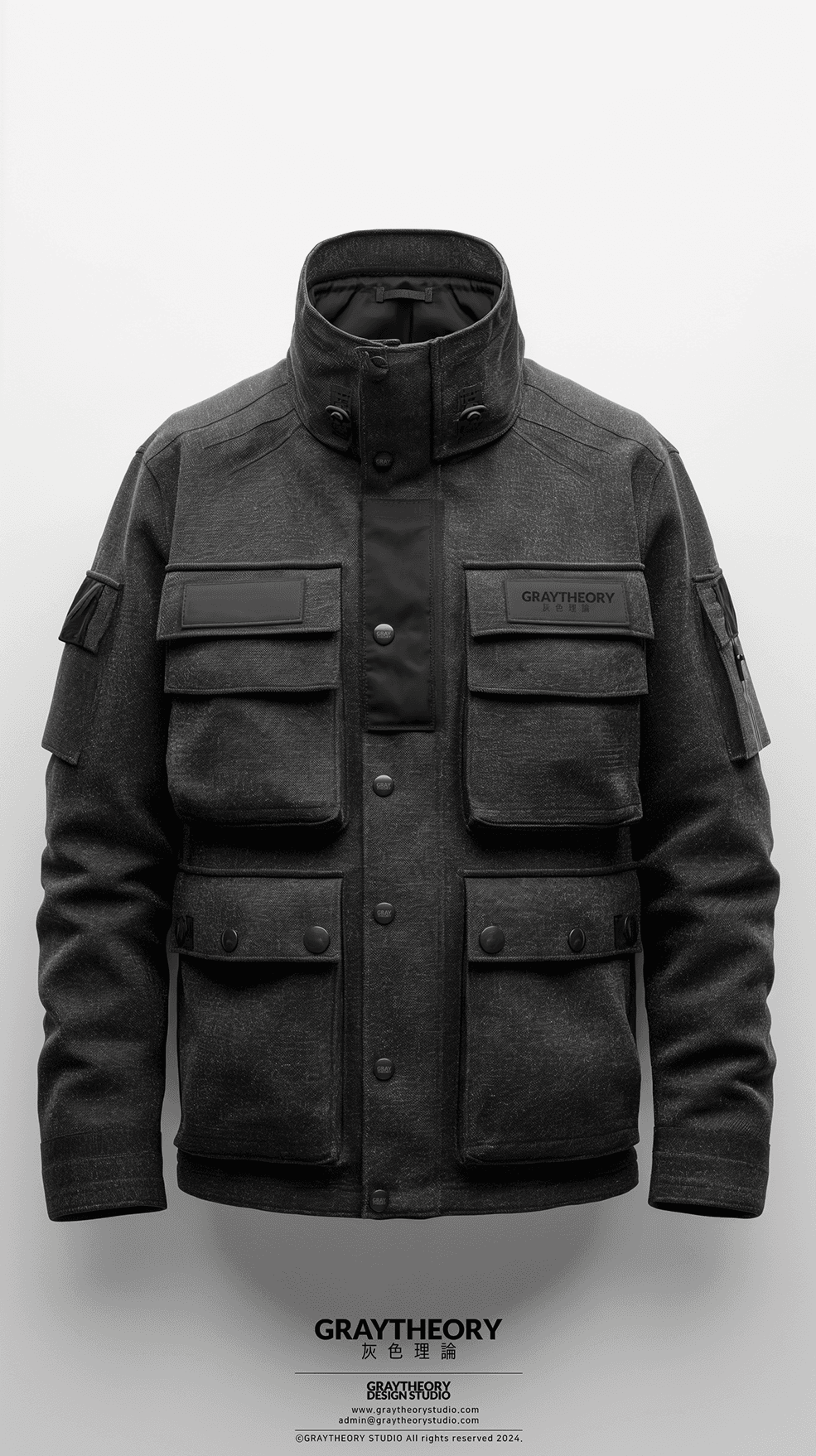 AI generated: front view, capture a jacket, black, technical materials, fabric label on text 'Graytheory', the des...