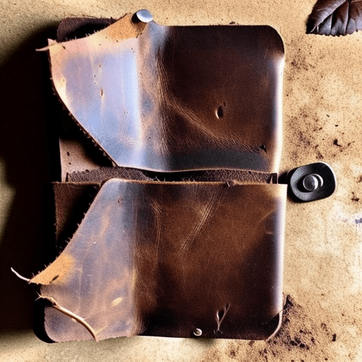AI generated: An abandoned leather wallet,  open, containing a dry leaf and dirt. Style: goth