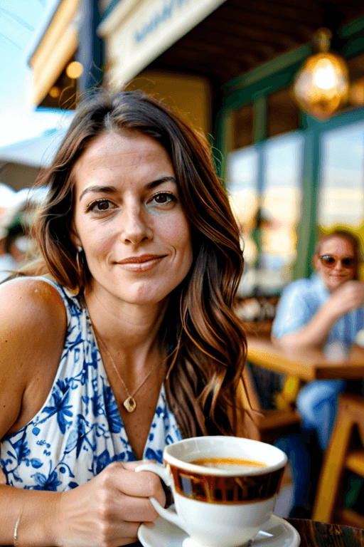AI generated: Medium close-up, photograph of,beautiful 30 year old woman, long brunette hair, sundress, sunglasses...