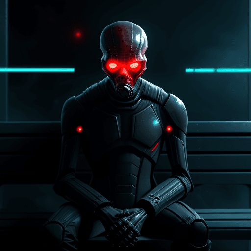 AI generated: full body, tall slim alien wearing dark protective suit and red skull-shaped gas mask, sitting on be...