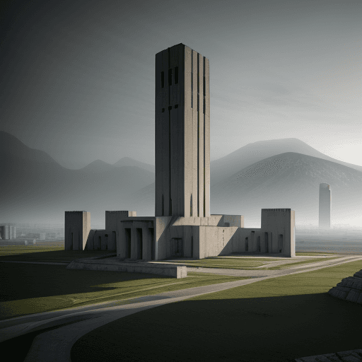 AI generated: vast landscape, dozens of huge Yugoslavian monuments brutalist architecture, futuristic nomads wande...