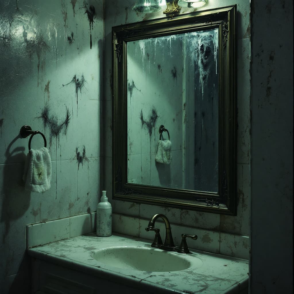 AI generated: creepy reflection in a bathroom mirror