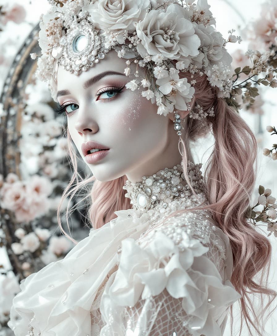AI generated: Divine Maximalistic white cyberpunk ultra white graffitti messy sassy bride with ponytails cool vict...