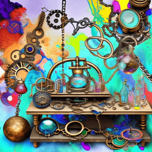 AI generated: digitally creative psychedelic collage, steampunk, alchemist, chemistry, jewelry designer, work benc...