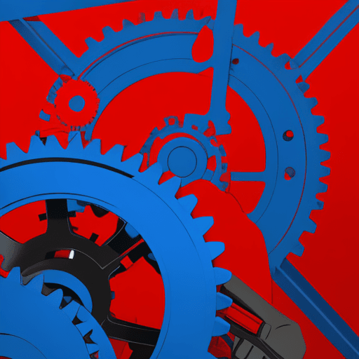 AI generated: logo, blue and red contrast color,man moving a gear.