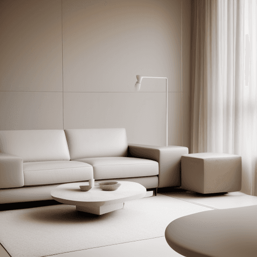 AI generated: Photograph, contemporary living room, soft light of morning, integration of beige flooring and matte...