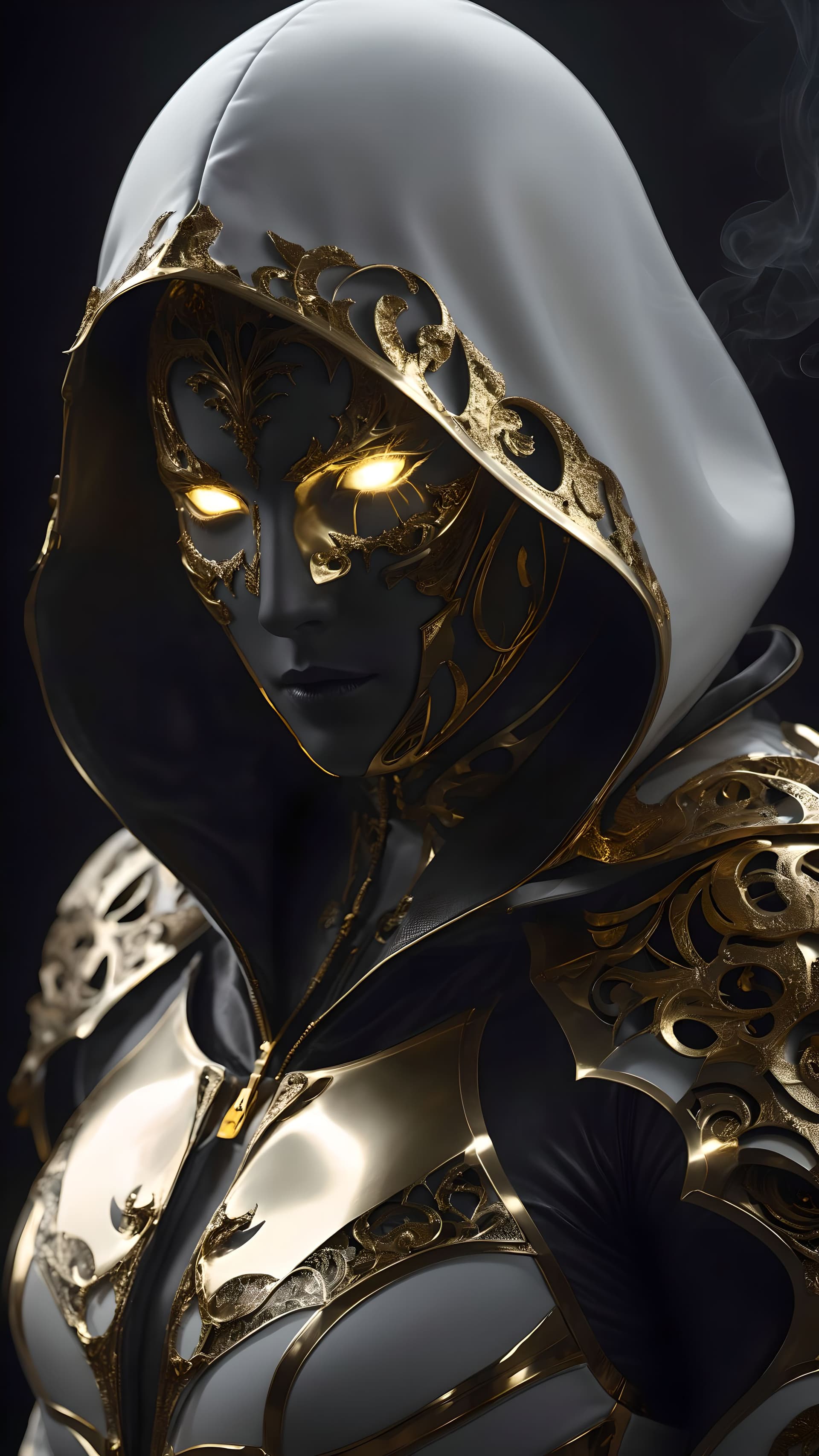 AI generated: Dark fantasy, shadow knights, (( white and gold plug suit, black smoke in plug suit)), (burning eyes...