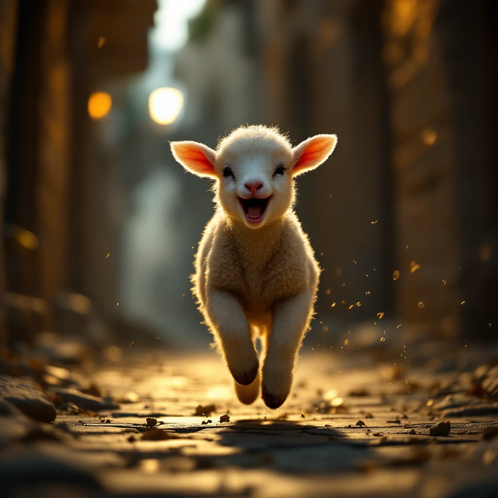 AI generated: a baby lamb running and laughing, streets of jerusalem, dark lights, cinematic, hyper realistic, det...