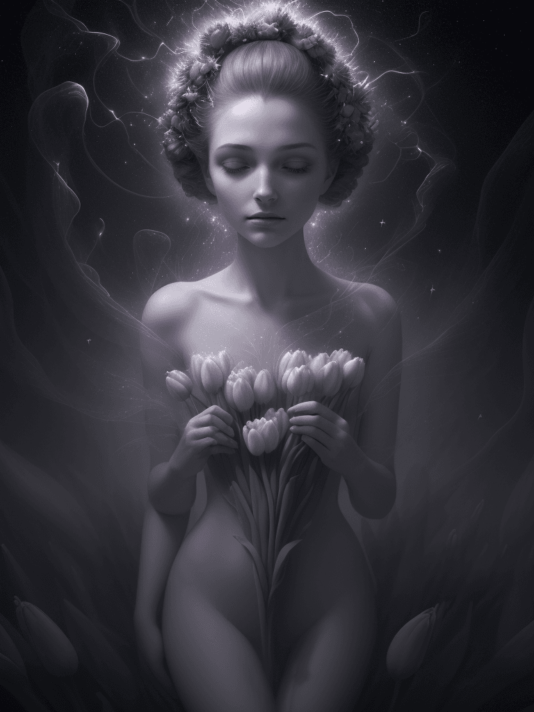 AI generated: soft woman with tulips opening in her hair, galaxy smoke fractals, elegant botany, dynamic movement,...