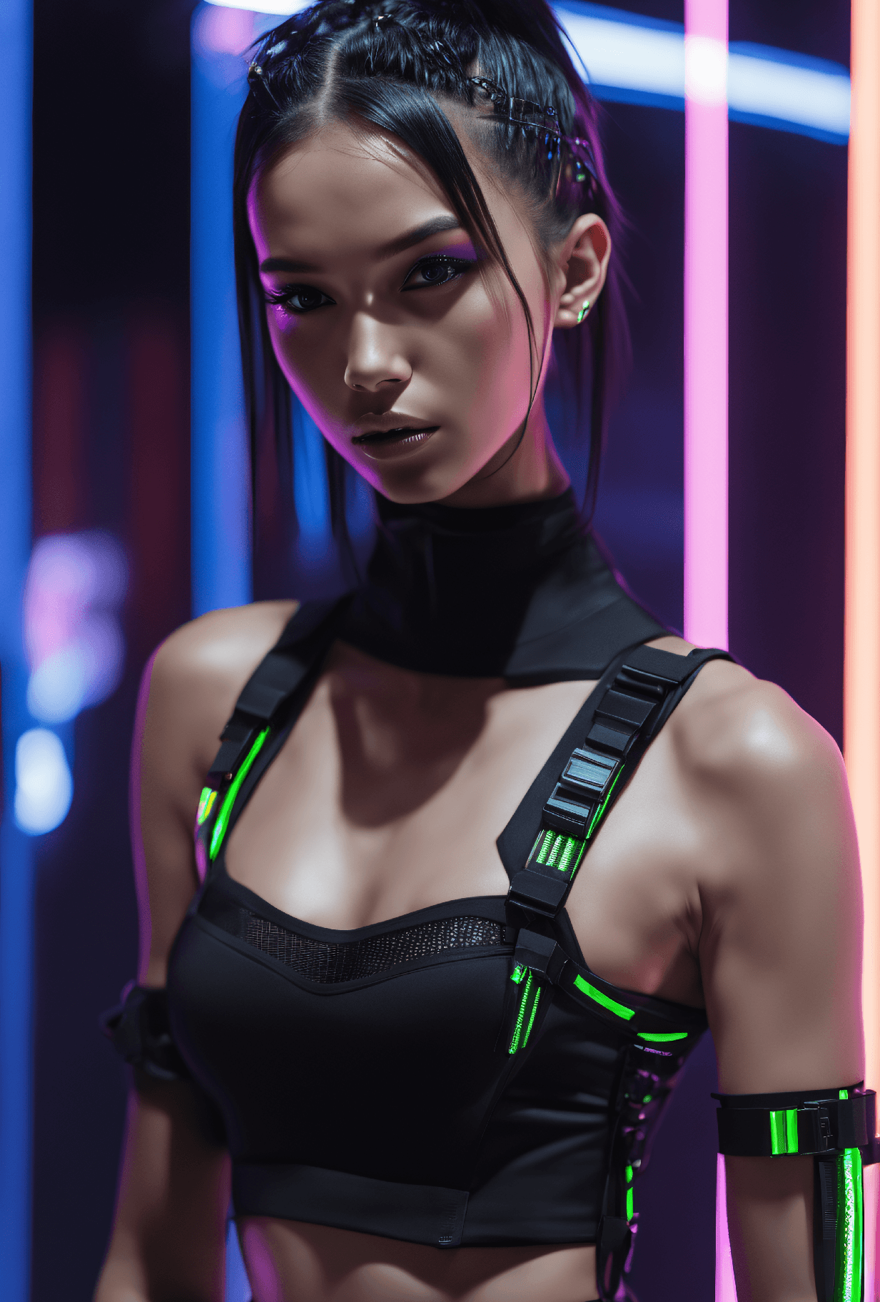 AI generated: techwear fashion beauty, close up on face, masterpiece photo of a young woman, Lean and slender with...