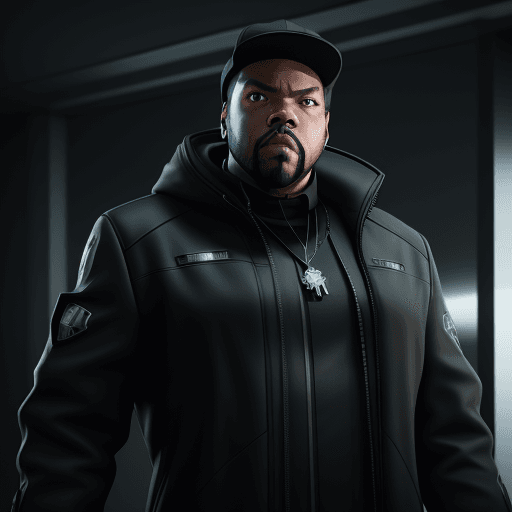 AI generated: ice cube as a futuristic supervillain in a black coat, hyperrealism, photorealistic, 8k, unreal engi...