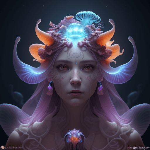 AI generated: Goddess close-up portrait ribcagel. jellyfish phoenix head, nautilus, orchid, skull, betta fish, bio...