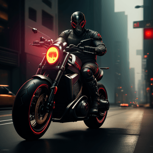 AI generated: angry black male riding a motorcycle, red eyes, mask, street, cyberpunk, intricate artwork . octane ...