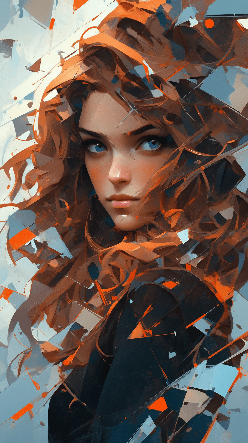 AI generated: color painting of a woman with colorful hair and eyes, in the style of cubist shattered planes, real...