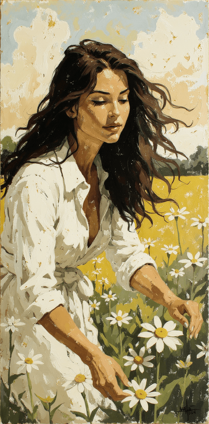 AI generated: a painting of a woman, in the style of brushstroke-intensive portraits, picking flowers at field, fl...