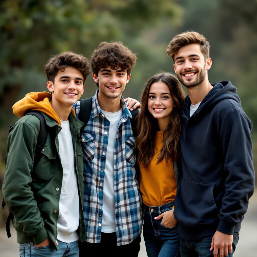 AI generated: Imagen realista de un grupo de amigos 3 chicos y 2 chicas de 13 años de edad