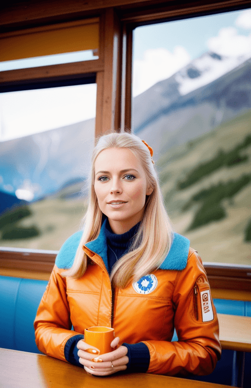 AI generated: a beautiful Dutch blonde girl | girl in a 70’s | eye level | mountain top diner | coffee on the tabl...