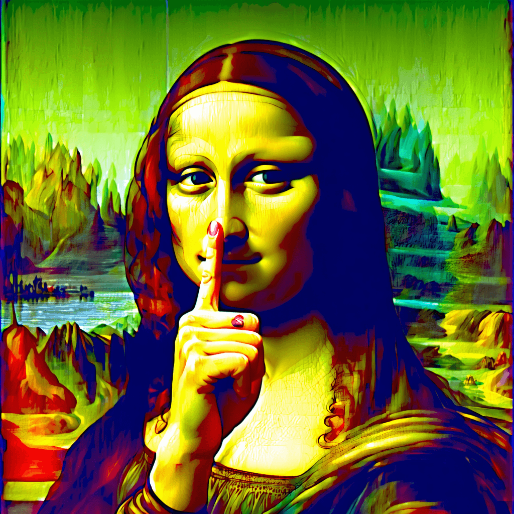AI generated: Mona Lisa with her fingers holding her NOSE. Leonardo Da Vinci, Renaissance paintings --ar 4:5 --sty...