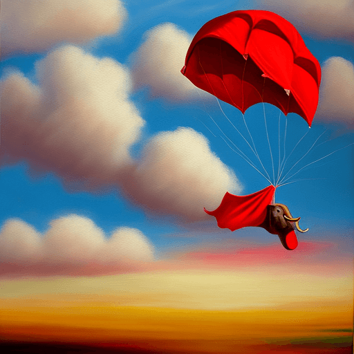 AI generated: Elephant attached to a red parachute falling through sunny clouds.
Style: oil painting