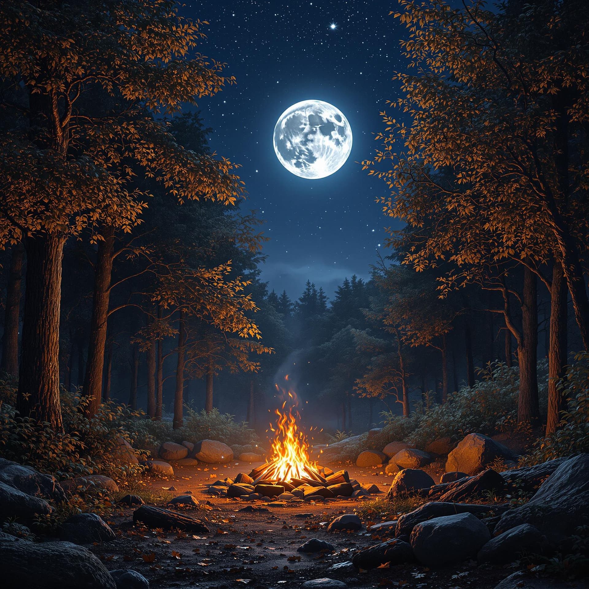 AI generated: Imagine an ultra-high-definition, 8K night scene set in a tranquil woodland area. The darkness of th...