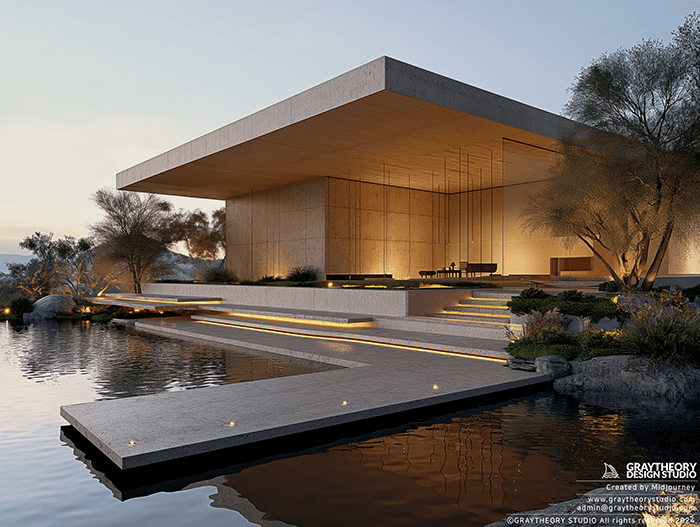 AI generated: facade design, minimalist, realism lights --no duplex, two story, double layer --chaos 2 --ar 4:3 --...
