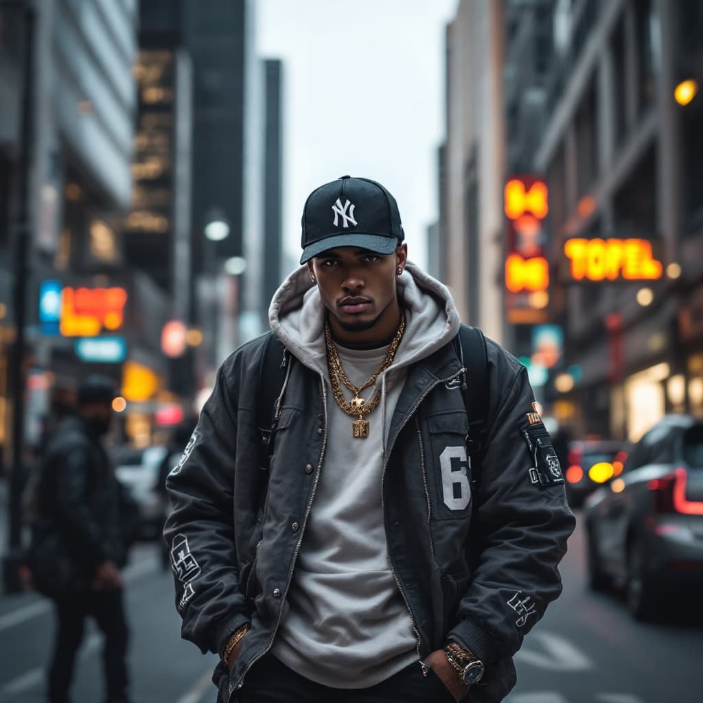 AI generated: Realistic image of MEN in streetwear, urban fashion, hip-hop influence, modern city background.
