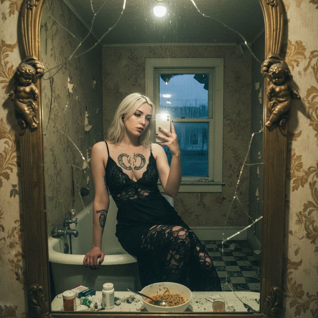 AI generated: a cute 21-year-old American lady in her bathroom taking a pic, the photo evokes a sense of edge, nih...