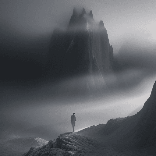 AI generated: Detailed 3D render illustration Realistic style of a man standing in front of a man giant. on a moun...