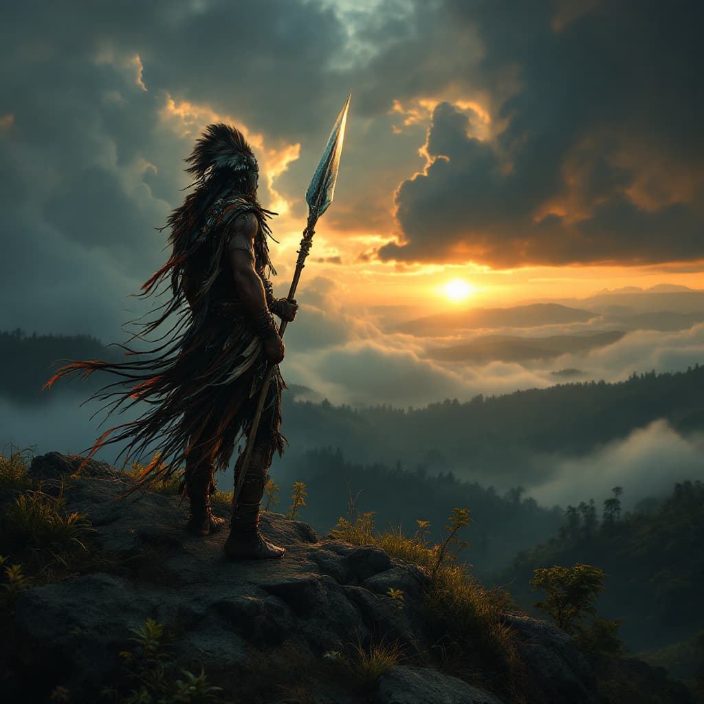 AI generated: Legendary Mau Mau warrior standing atop a sacred hill, cloaked in traditional battle armor of leathe...