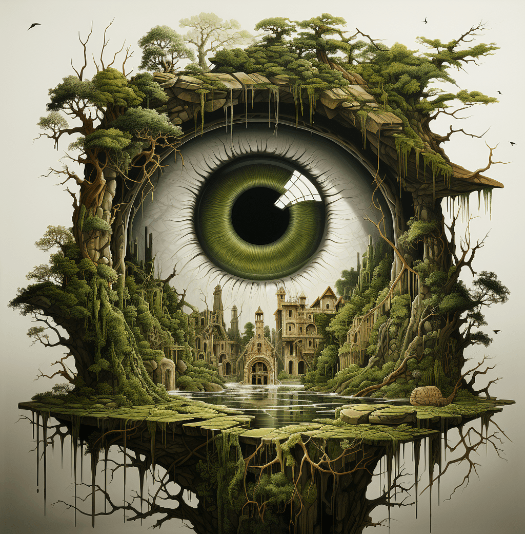 AI generated: a very large eye in the trees with trees around, in the style of surrealistic horror painter, surrea...