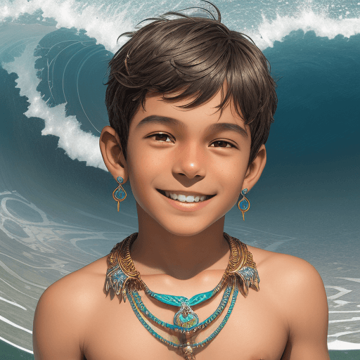 AI generated: a boy smiling, in the style of reefwave, metalwork jewelry, goa-insprired motifs, eco-friendly craft...