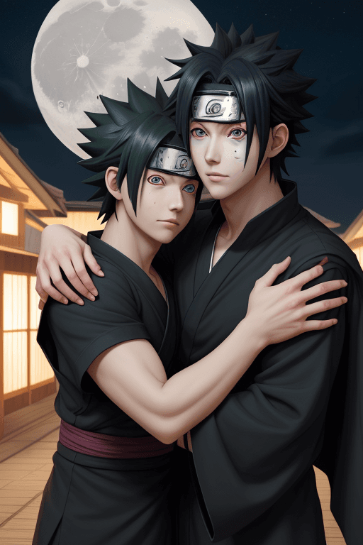 AI generated: 4k, 2 boys, yaoi, naruto, sasuke, love, night, hug, home, moon 8k, realistic, painted hands, painted...