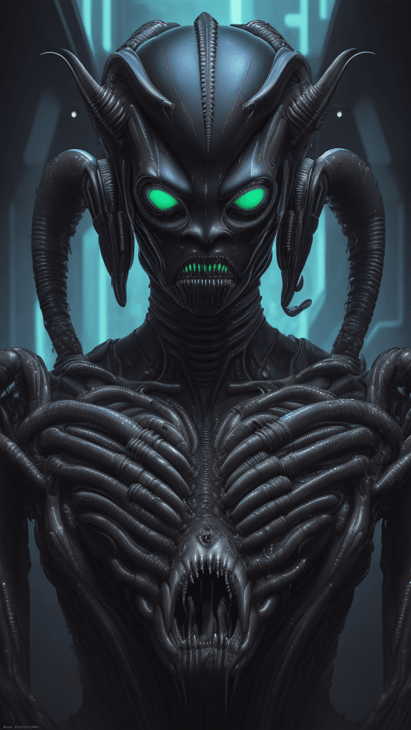 AI generated: "cyberpunk Xenomorph:4:1 КАЛЕК-style headshot, a masterwork by H.R. Giger, invoking a profound sense...
