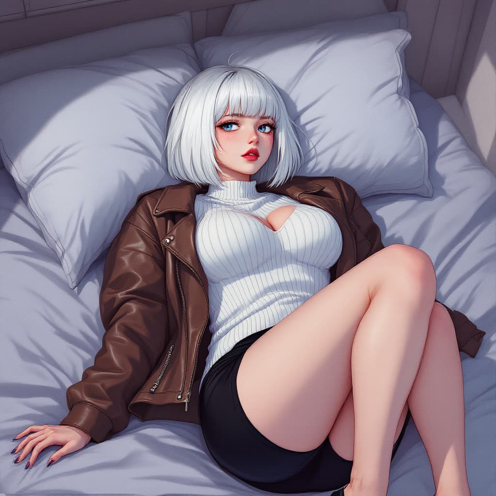 AI generated: anime, woman, white hair, bob cut, blue eyes, freckles, red lips, white sweater, tight sweater, shor...