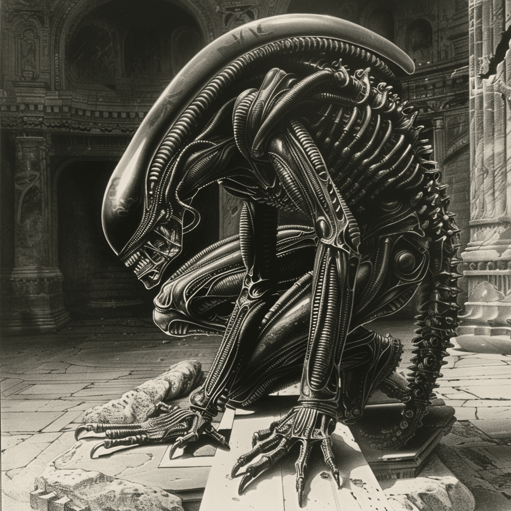 AI generated: An alien in the style of Giger crawling on an altar, in the style of Moebius and Wayne Barlowe. 