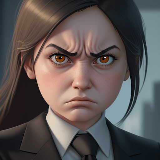 AI generated: a young girl in a business suit with a very angry expression, in the style of unreal engine 5, carto...