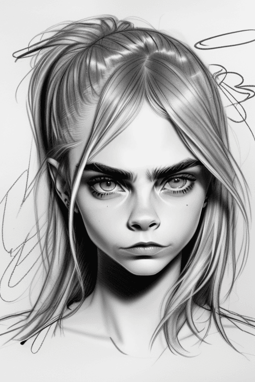 AI generated: Cara Delevingne, ((amateur) scribble sketch), (smudges) on paper, (faded lines)