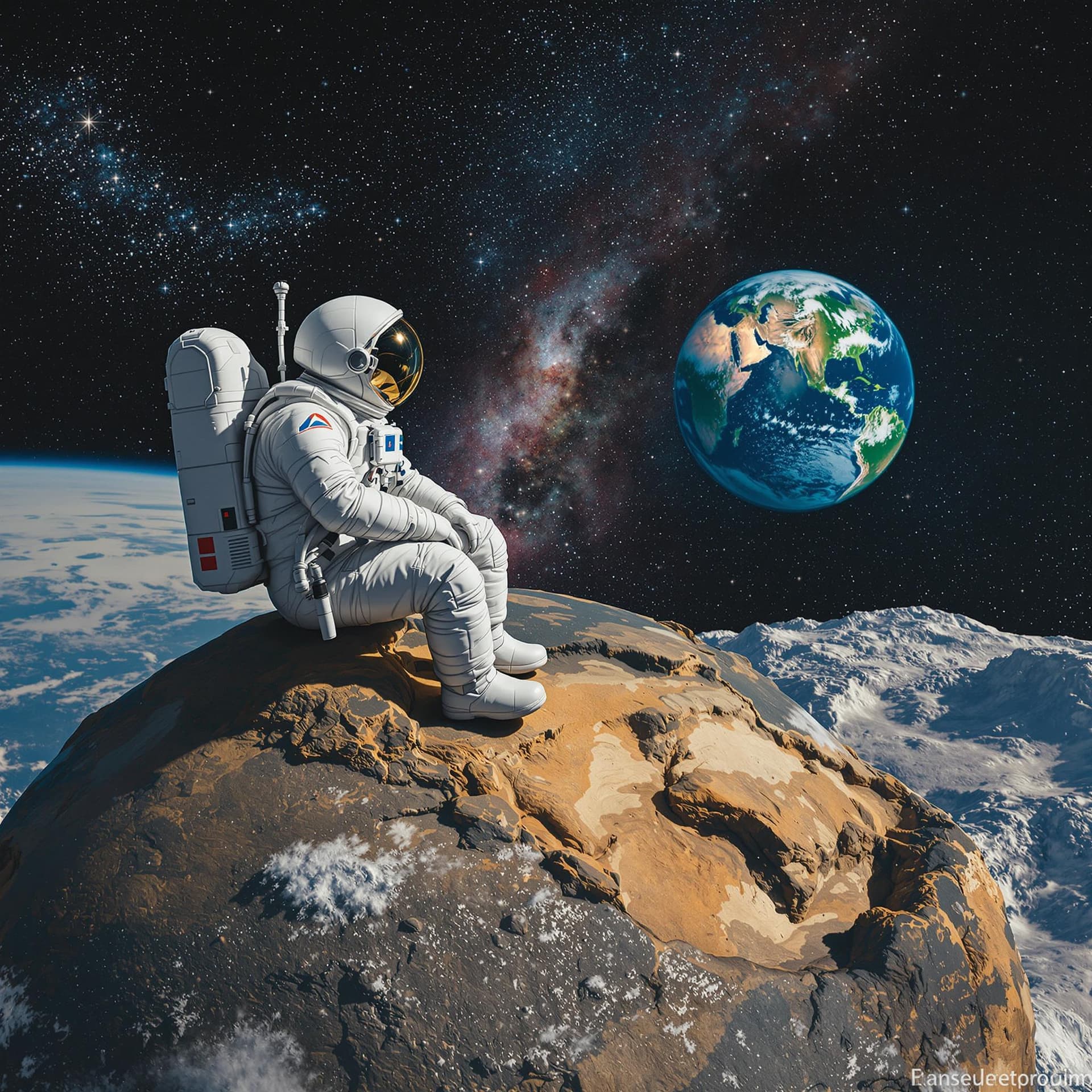 AI generated: An astronaut sitting on a miniature planet, in space, looking at the earth.