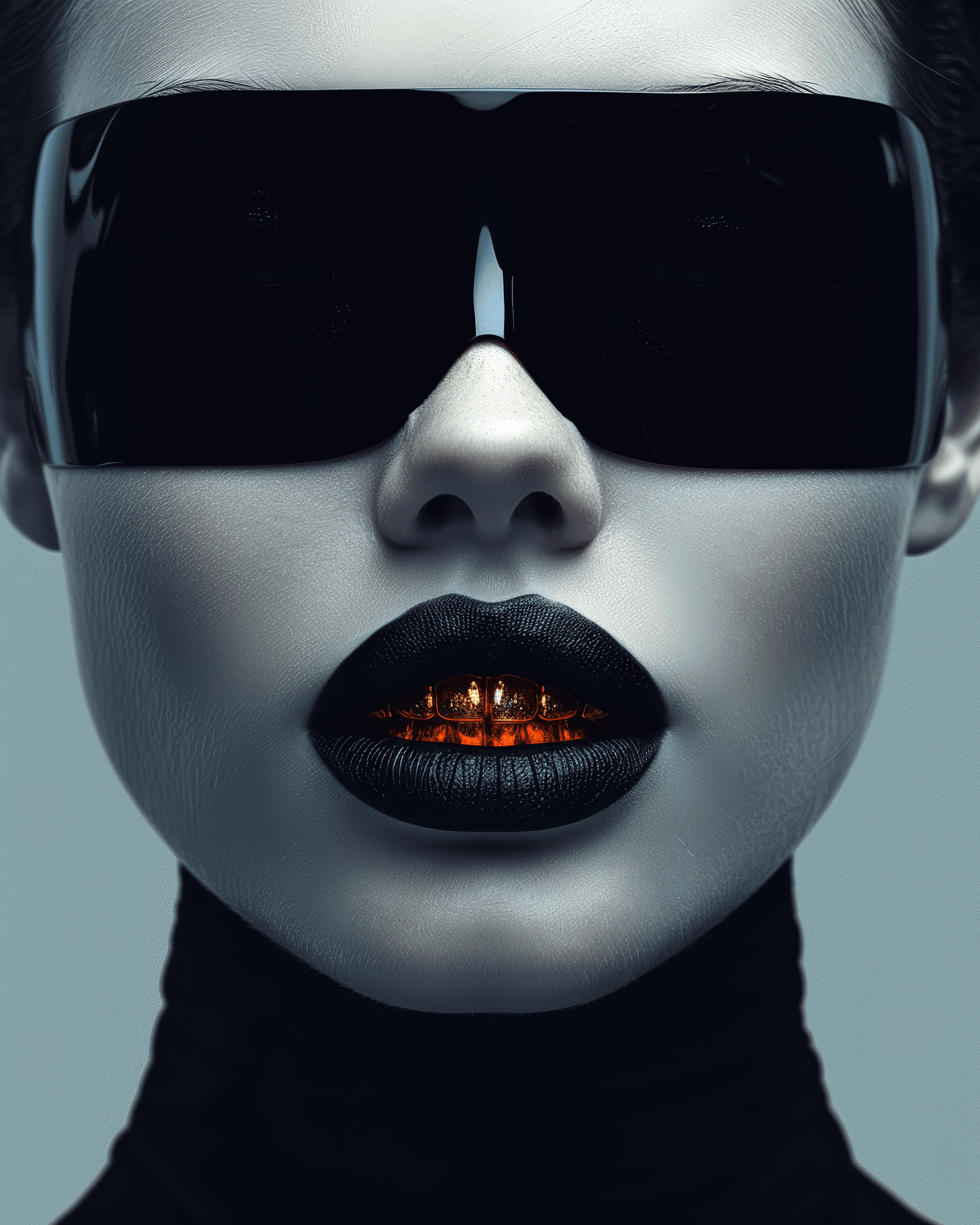 AI generated: a woman with a large jaw and gold teeth, in the style of futuristic minimalism, restrained forms, da...