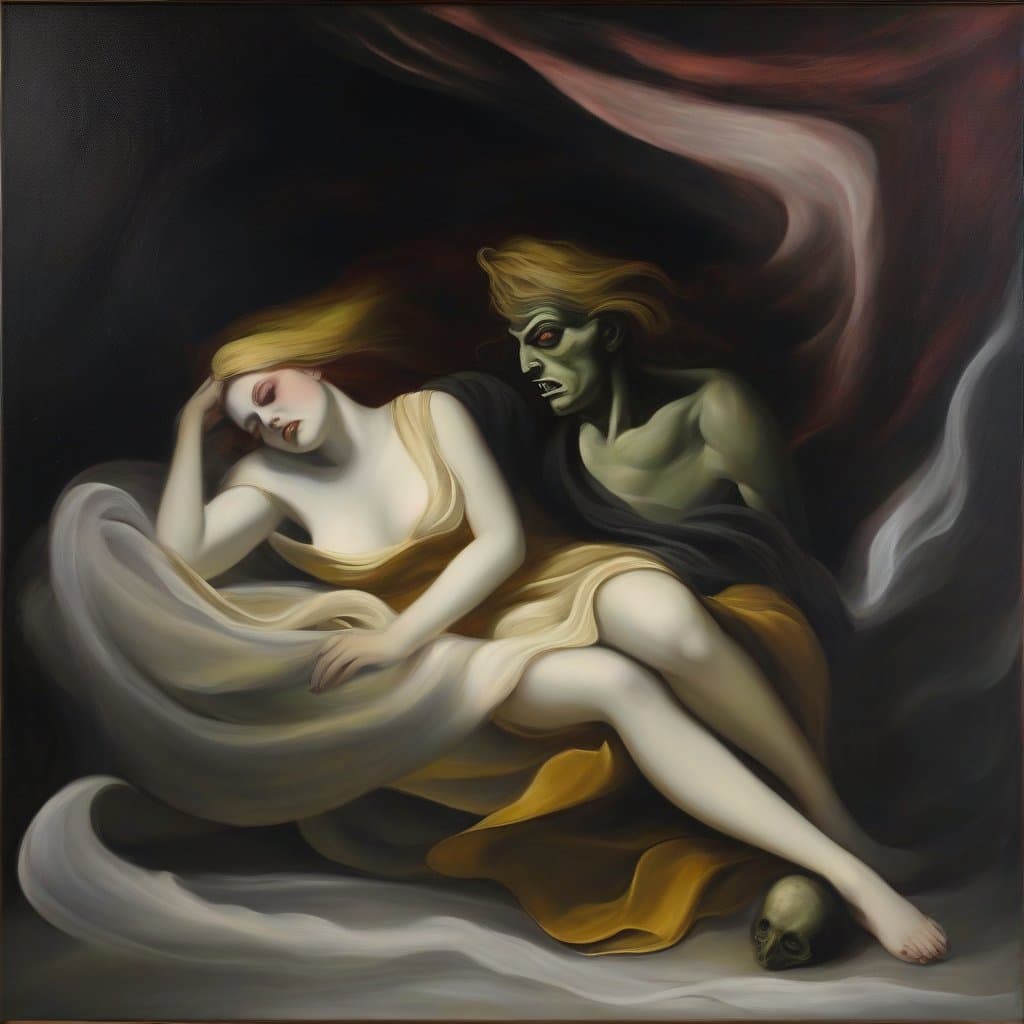 AI generated: Nightmares of a toxic Love, oil painting in the style of Henry Fuseli